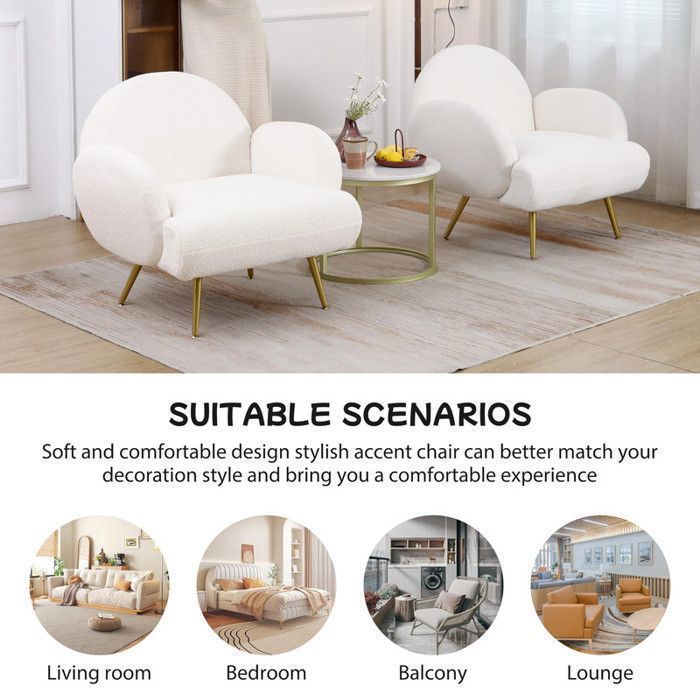 Poltrona relax DYHOME, divano singolo moderno, tessuto felpato effetto orsetto, gambe dorate, bianco