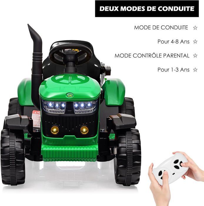 Tracteur Électrique Enfants 12V Remorque Amovible Double Moteur 35W - BALOVEBY - Vert - 18 mois et plus - 30 kg