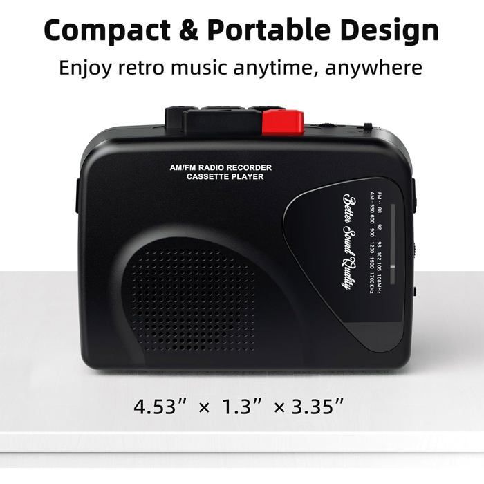 Reproductor/grabador de casetes portátil KAL, radio AM/FM, altavoz, T201, negro