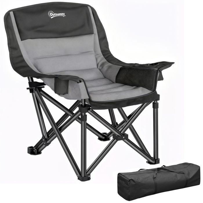 Campingstoel - Outsunny - draagbaar en opvouwbaar - zijvakken, bekerhouders en draagtas - zwart