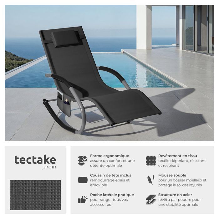 Chaises longues - TECTAKE - Lot de 2 fauteuils de jardin TAYA ergonomique fonction de balancement et accoudoirs incurvés - Noir