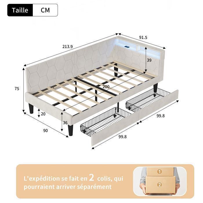 Canapé lit convertible - Clic Clac - Velours beige - Rangement 2 tiroirs & niche - LED RGB & USB Type-C