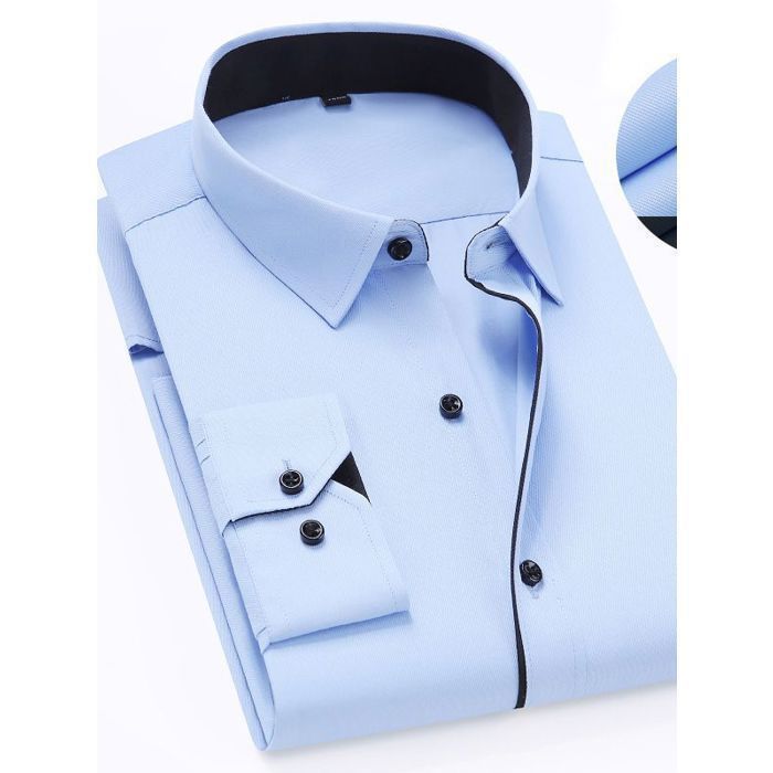 Camisa de hombre - FUNMOON - Azul liso - Cuello mandarín - Manga larga - 100% poliéster
