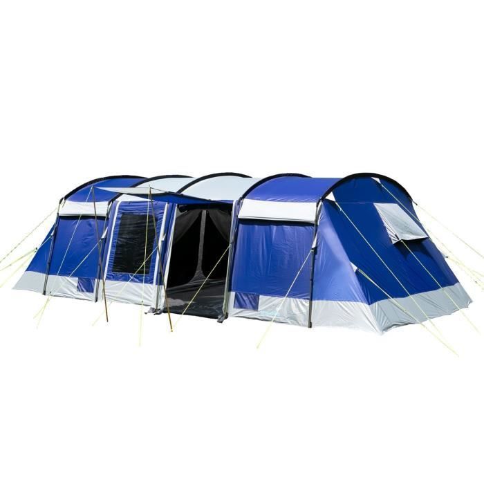 8-Person Tunnel Family Camping Tent - Skandika Montana 8 - 3 Cabins, 5000 mm, 4 Entrances, Awning - Blue