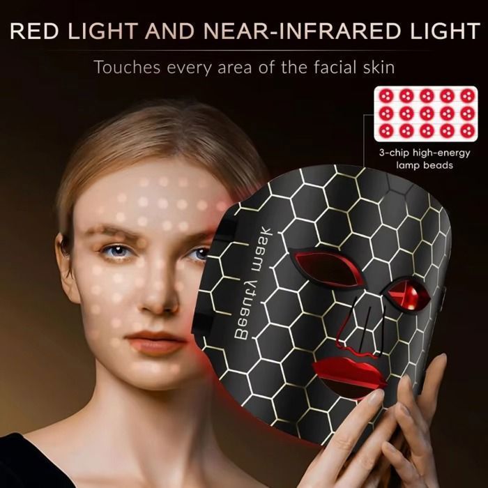 Masque facial LED 7 couleurs – Soin visage anti-âge, acné, rides – 95 perles lumineuses – Silicone – Rechargeable USB – IPX7