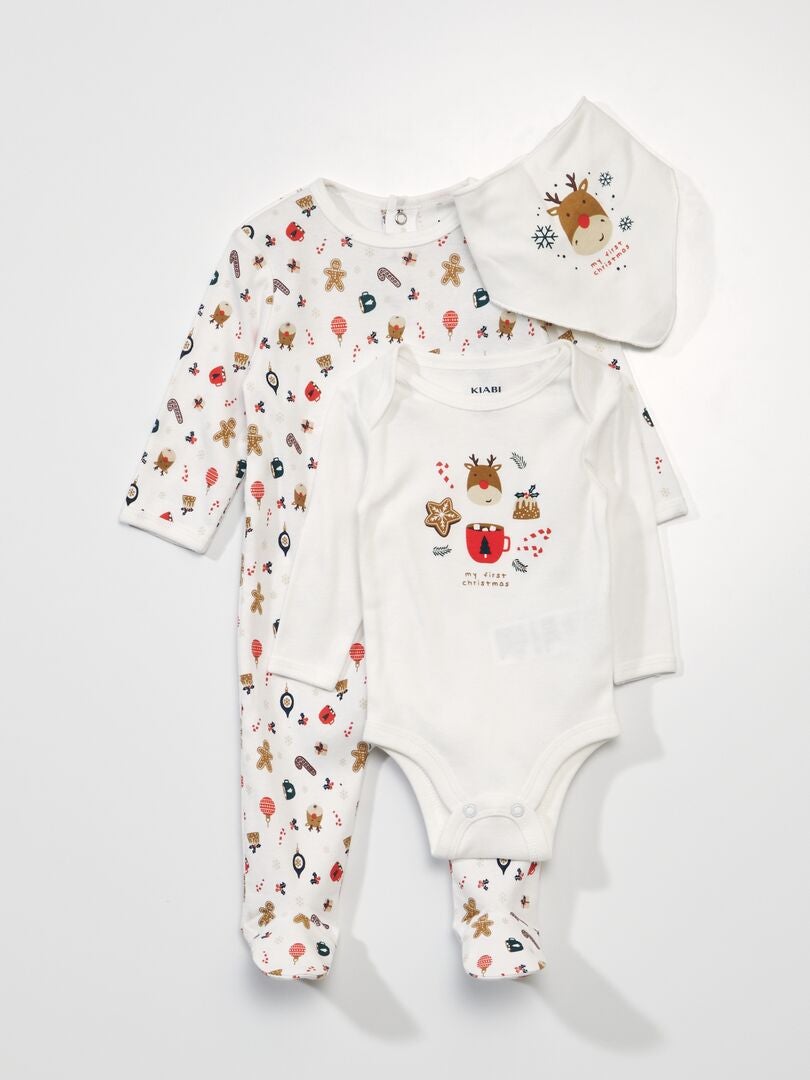 Kerstpyjamaset + romper + slabbetje - WIT