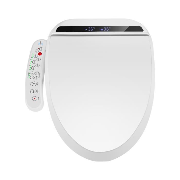 Asiento de inodoro inteligente con boquilla, pantalla LCD, temperatura ajustable, secado con calor y tapa de inodoro blanca.