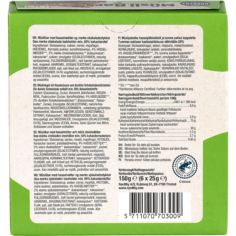 Müslibar 6-pak hasselnødder og mørk chokolade
