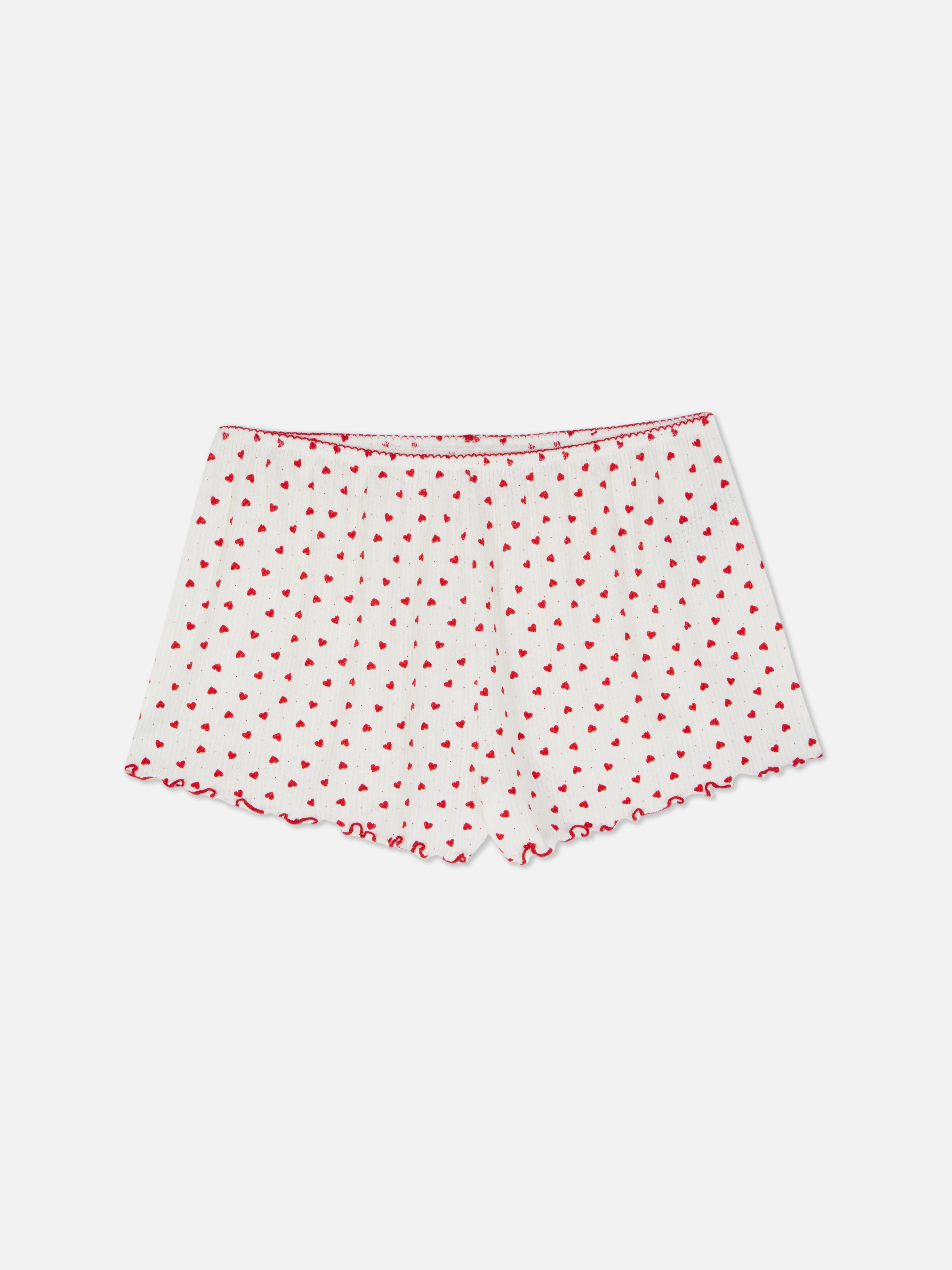 Pantaloni scurți de pijama cu model în formă de inimă Pantaloni scurți de pijama cu nervuri și inimă, talie elastică și tiv festonat
