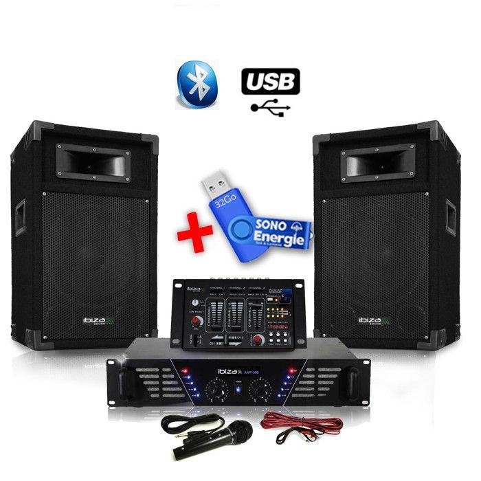 480W PA system package + mixer + 2 speakers + microphone + 32GB USB flash drive