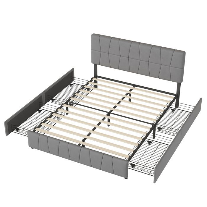 Tweepersoonsbed 160x200 cm met lattenbodem, gestoffeerd bed met 4 opberglades, bed voor volwassenen of tieners, gewatteerd bedframe, grijs fluweel