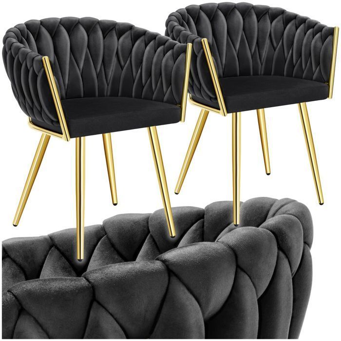 Chaises - TECTAKE - Lot de 2 fauteuils de salle à manger ASTANO en velours design noué avec pieds fin en acier - Noir/Or