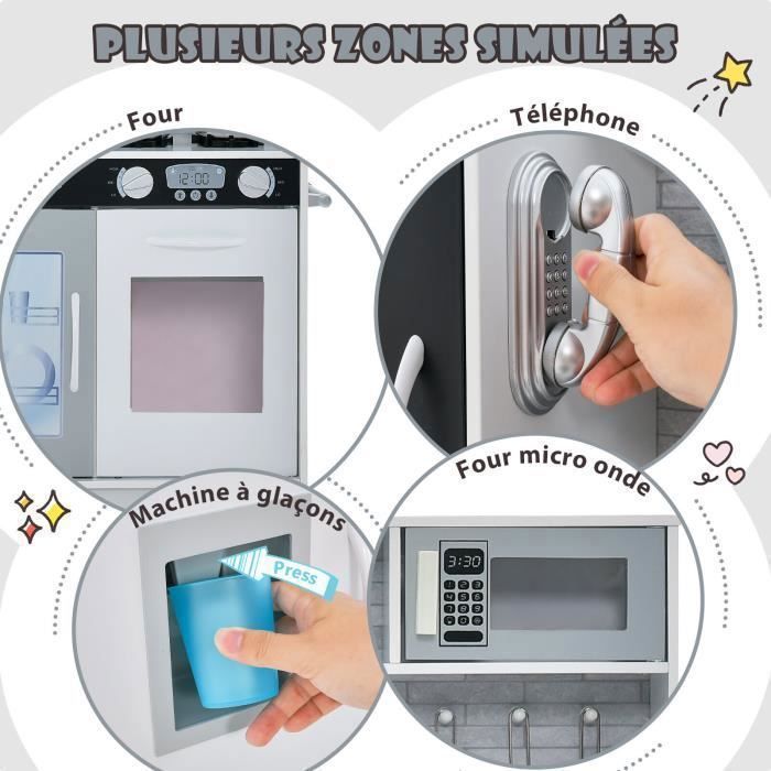 Cocina de madera infantil COSTWAY para niños de 3 a 6 años con teléfono, pizarra, microondas, máquina de hielo y 7 accesorios - Gris