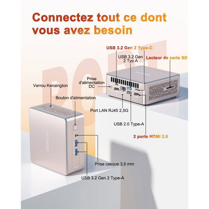 Mini PC GEEKOM A5 con AMD Ryzen 5 7430U, SSD da 512 GB, 16 GB di RAM, computer desktop, display 8K, doppia porta HDMI, Windows 11 Pro.