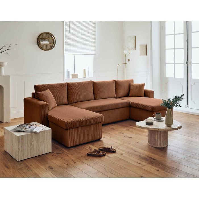 Cyrus - Divano panoramico a forma di U - 7 posti - trasformabile con contenitore - in velluto a coste - Terracotta