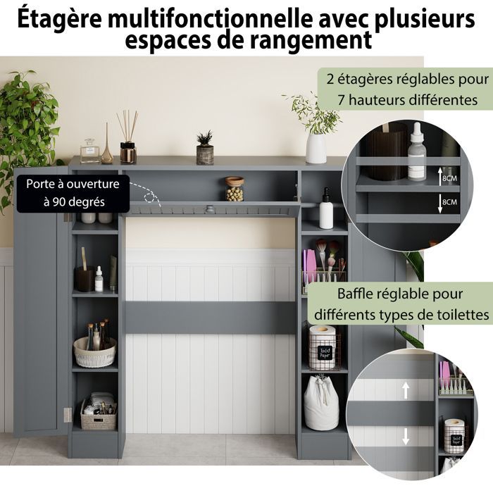 COSTWAY Bathroom Cabinet with Adjustable Shelves and Toilet Paper Holder, 89 x 19.5 x 99 cm, Grey