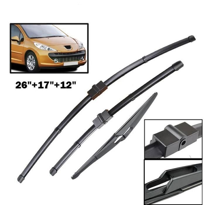 Set of 3 front and rear wiper blades for Peugeot 207 Hatchback 2006 2007 2008 2009 2010 2011 2012 2013 2014 2015