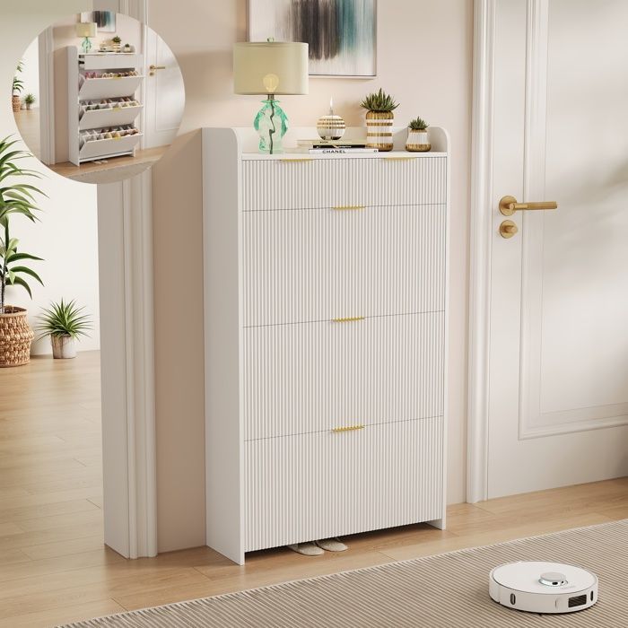 Meuble à chaussures - Armoire a Chaussures avec 3 Abattants et 2 Tiroirs - style minimaliste moderne - Blanc - 133 x 77 x 25 cm