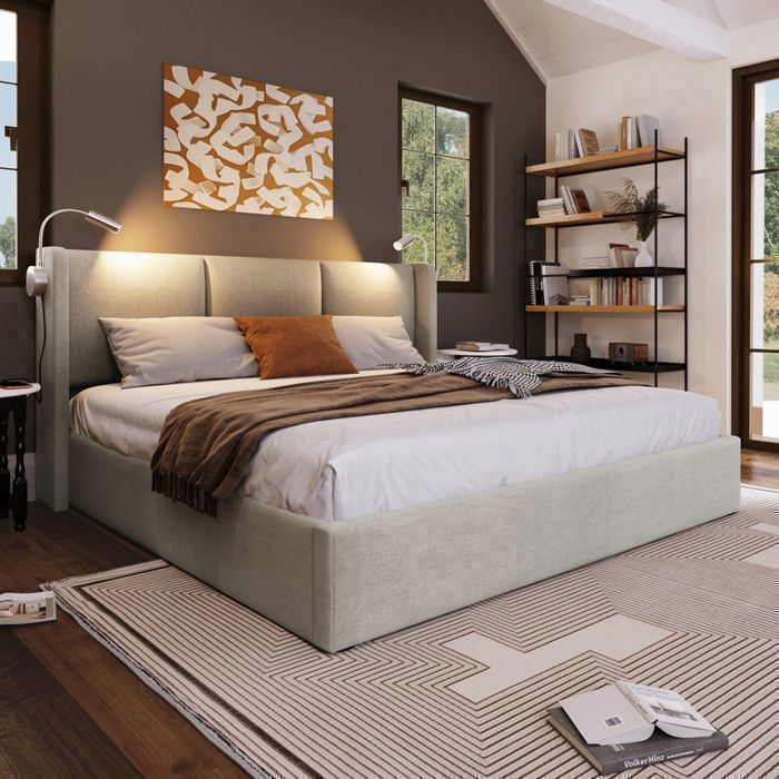 Letto matrimoniale con vano contenitore, 160 x 200 cm, in lino beige, con luce da lettura e porta USB, rete a doghe, materasso non incluso.