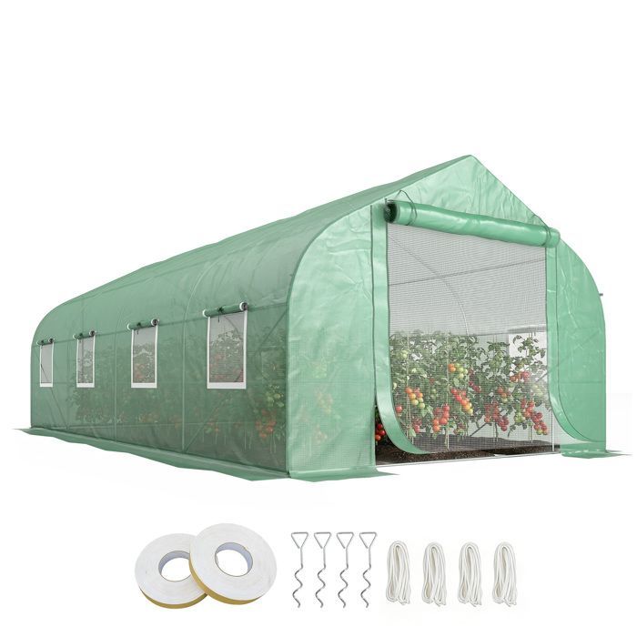 Serre de jardin tunnel - Outsunny - porte 8 fenêtres enroulables galvanisé bâche PE haute densité 140 g/㎡ - 600x300x200cm - vert