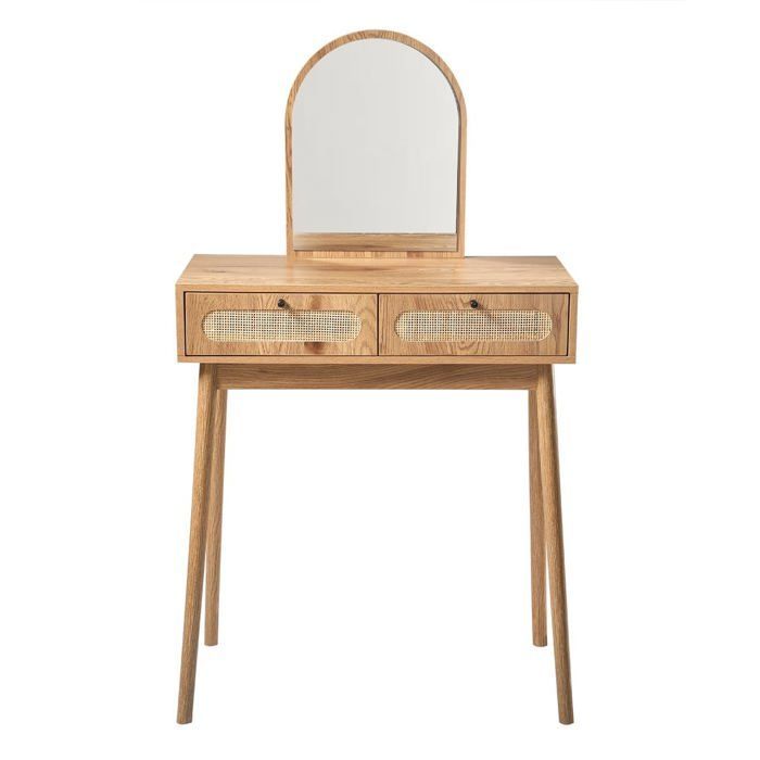 CALICOSY - Coiffeuse avec miroir et 2 tiroirs façades rotin L80 cm ALIA - Bois clair