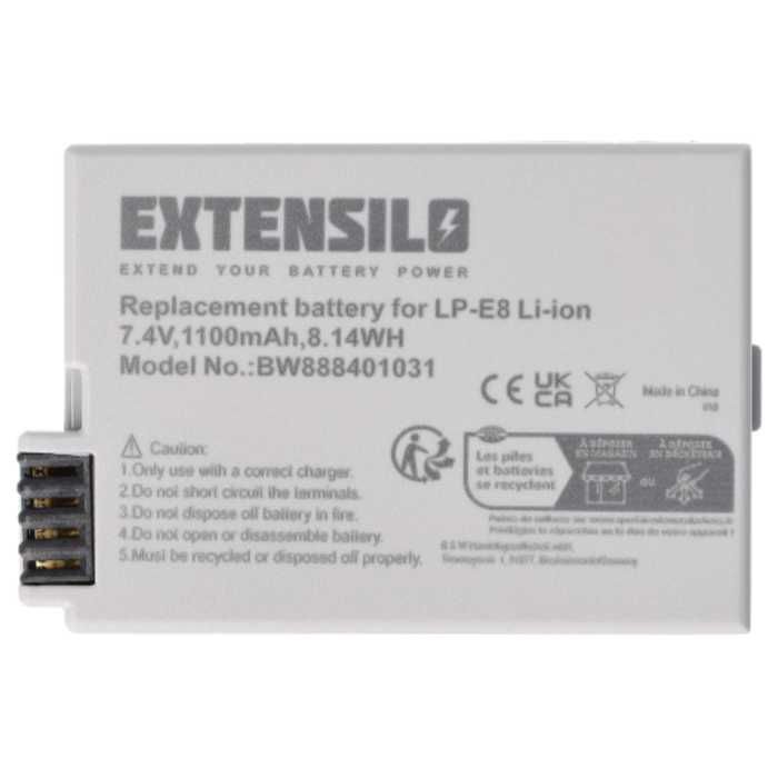 EXTENSILO 3x accu, compatibel met Canon EOS 600D, Kiss X6i, 650D, 700D, Kiss X5, 550D, Kiss X4 en Kiss X7i camera's.