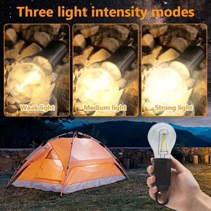Lámpara LED portátil recargable para camping, paquete de 4 bombillas para tienda de campaña con gancho, brillo ajustable en 3 modos.