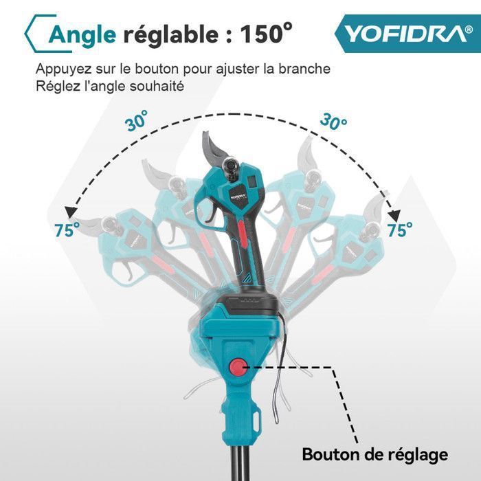 Podadora de pértiga YOFIDRA de 8 pulgadas + tijeras de poda de 28 mm, pértiga de 100-177 cm, 2 baterías de 3000 mAh.