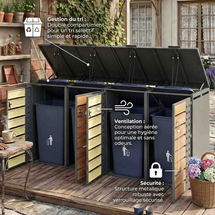Cache-Poubelle Quadruple 132×80×118.5cm- Couvercle Hydraulique - Tri Sélectif & Verrouillable - Acier Galvanisé Bois