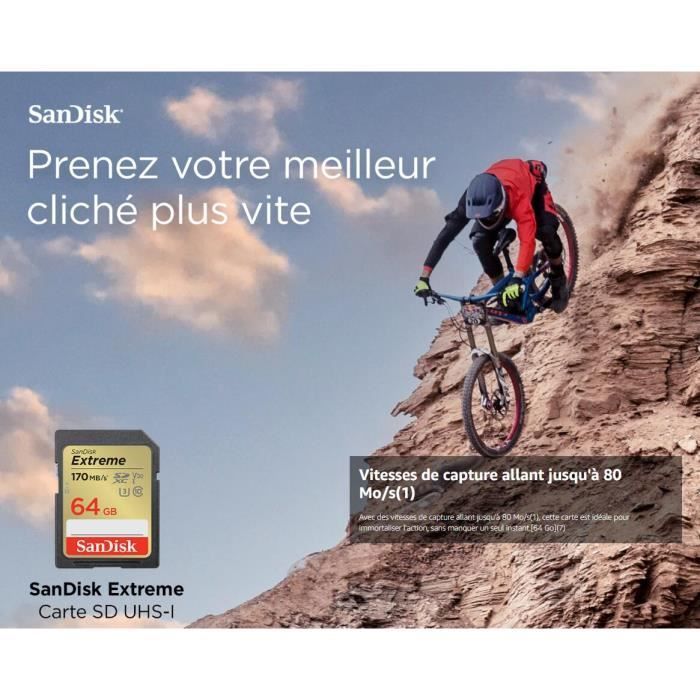 Carte SD SDXC - SanDisk - Extreme - 64 Go - 170 Mo/s - UHS-I Classe 10 U3