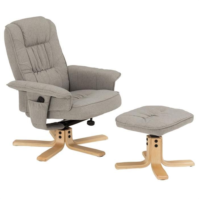 CHARLY relaxfauteuil met voetensteun, ottoman, draaibare zitting, verstelbare rugleuning en gewatteerde zitting, in grijze stof.