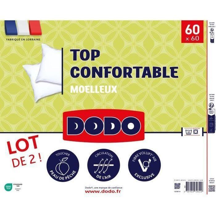 DODO - Juego de 2 almohadas - Cómodas - 60 x 60 cm - 100% poliéster VOLUPT'AIR - Blanco