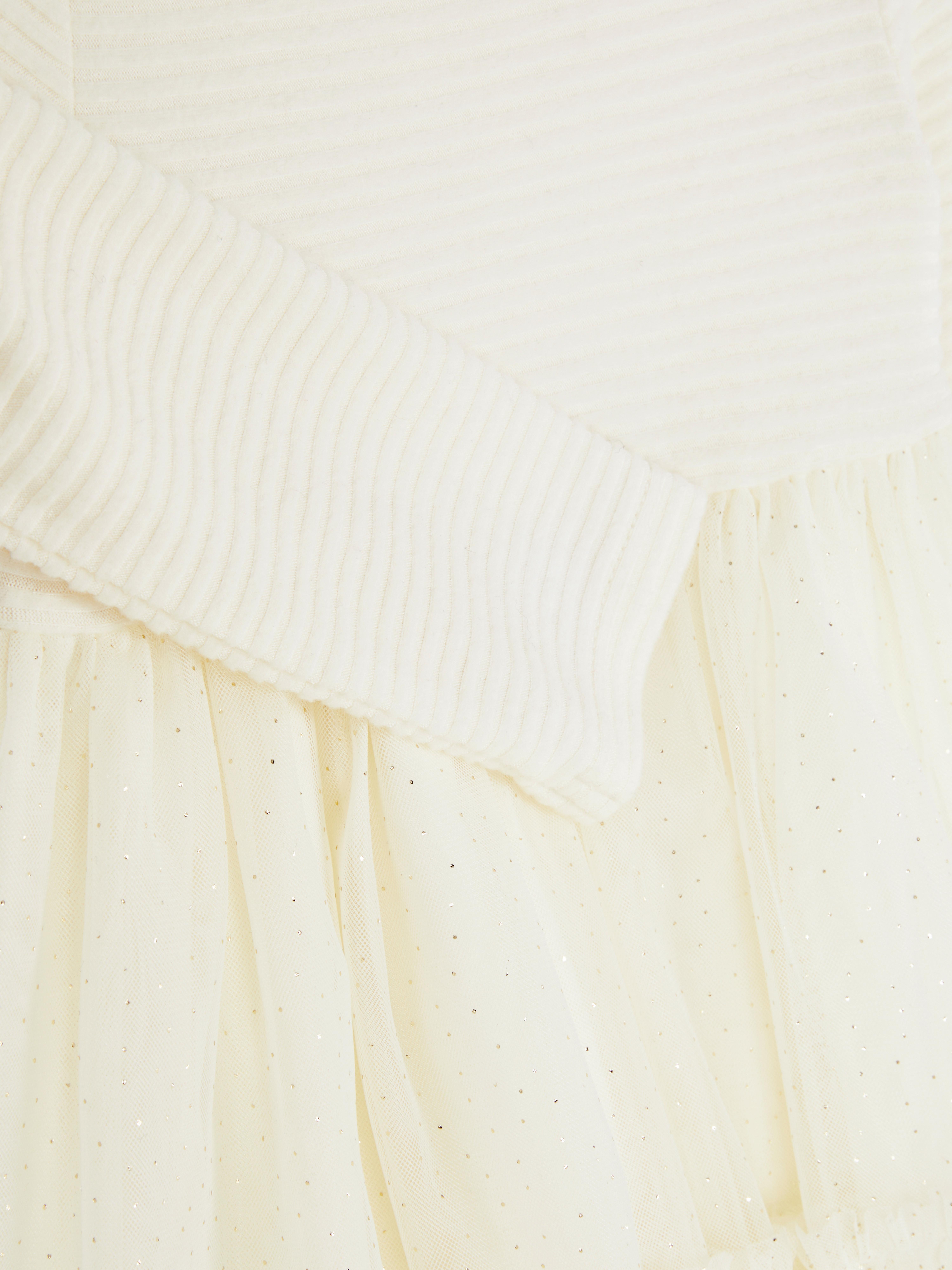 Rochie tutu cu nervuri. Această rochie tutu are un decolteu rotund, mâneci lungi și o fustă din tul.