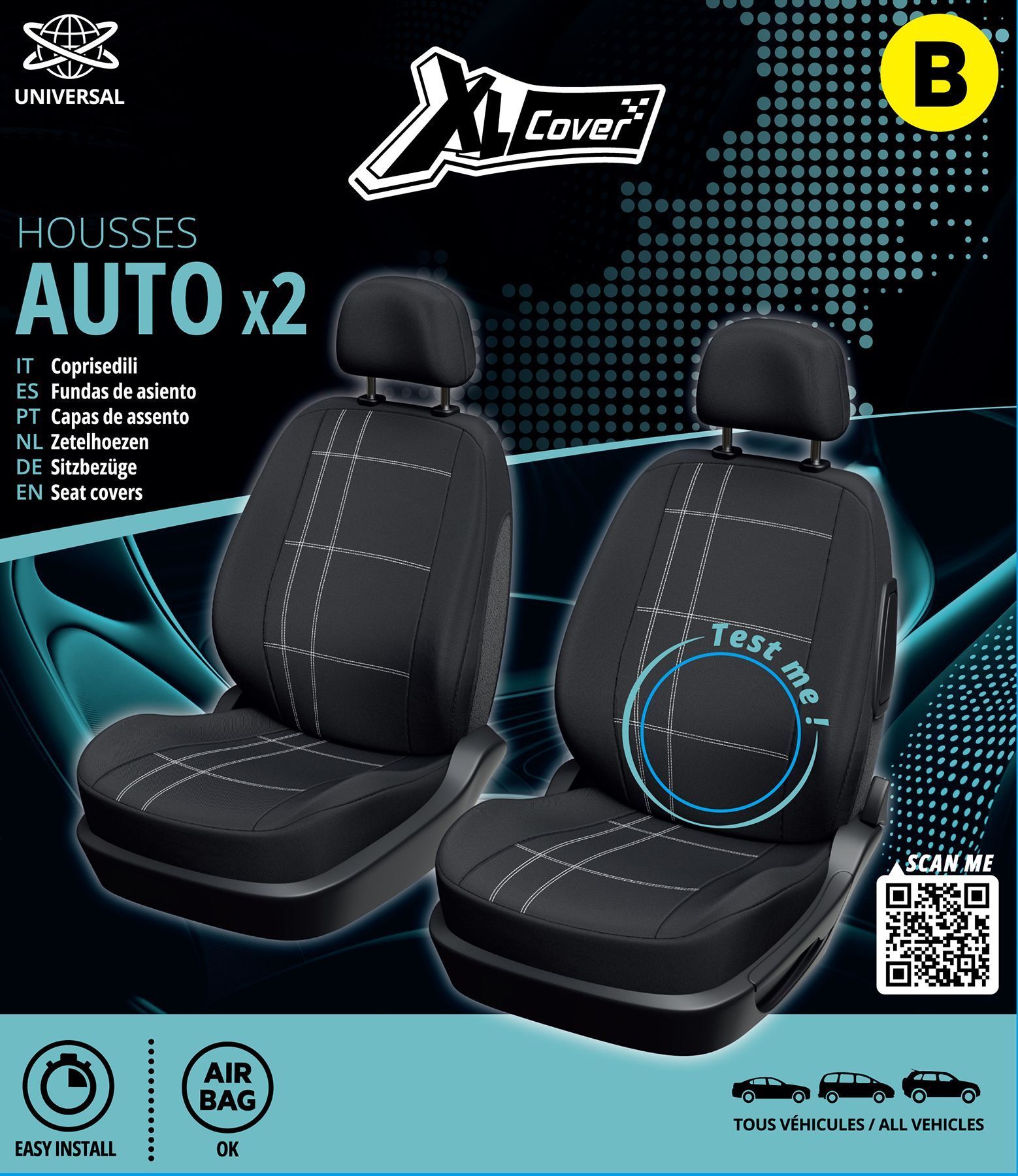 Set van 2 autostoelhoezen voor de voorstoelen - XLCOVER - Geschikt voor airbags - Zwart - Hoezen voor stoelen en hoofdsteunen