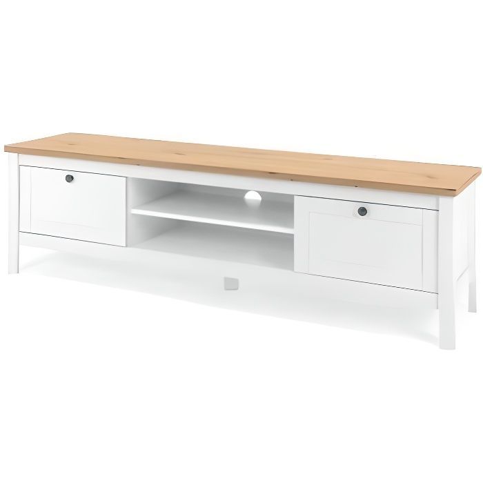 Mueble para TV con 2 cajones - Acabado en roble artesanal y blanco - 160 x 45 x 40 cm (ancho x profundidad x alto) - BERGEN