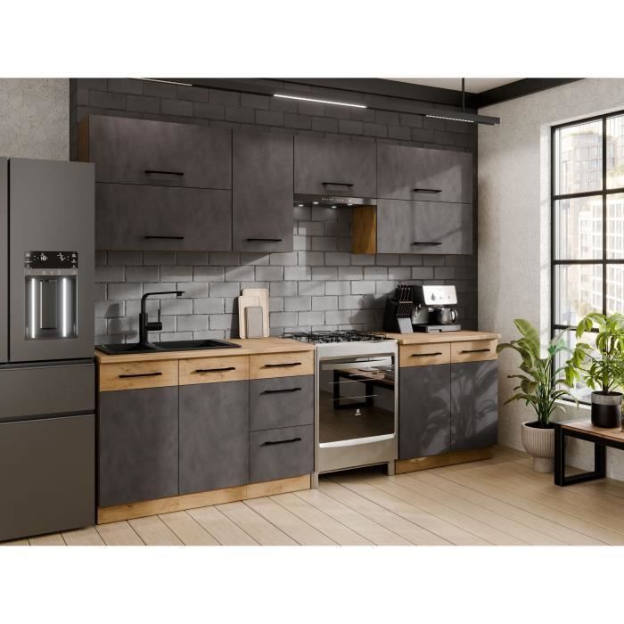 ROCK 7-delige complete keuken - Lancelot eikenhout en Matera grijs afwerking - B260 x D52 x H82 cm - Werkblad niet inbegrepen