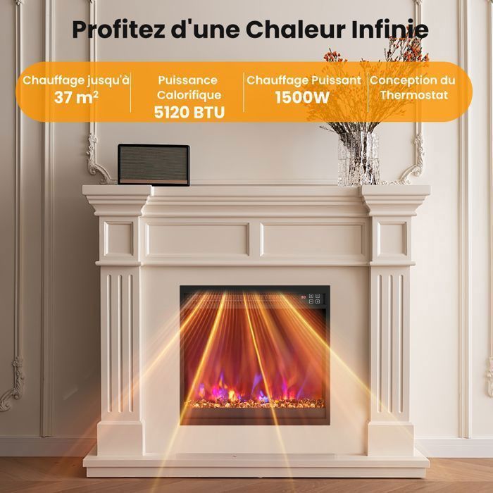 Cheminée Électrique Encastrable - RELAX4LIFE - 1500W - 5120 BTU - Chauffage 17-32°C - 37m² - 8 Couleurs - Thermostat - 49X45CM