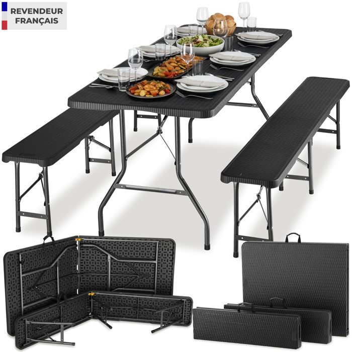 Mesa de camping con bancos - TECTAKE - Conjunto de comedor VANI: 1 mesa, 2 bancos, compacto y plegable con asas de transporte - Negro