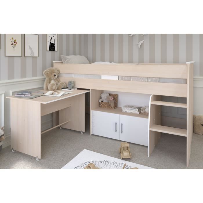 Cama infantil combinada Parisot ZOLA de 90x200 cm - 2 puertas - Con escritorio - Acabado en madera de acacia clara y blanco