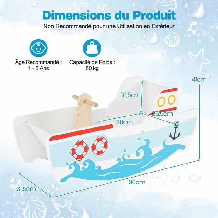 Jouet à Bascule COSTWAY pour Enfants 1 - 5 Ans,Bateau à Bascule Bois avec Tthème Nautique Charge Max.:50 kg