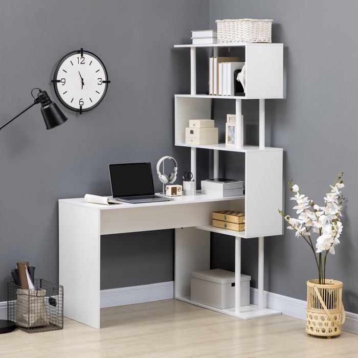 Corner desk - HOMCOM - with L-shaped storage shelves for study, office, or work - wood - 120x80x176cm - white