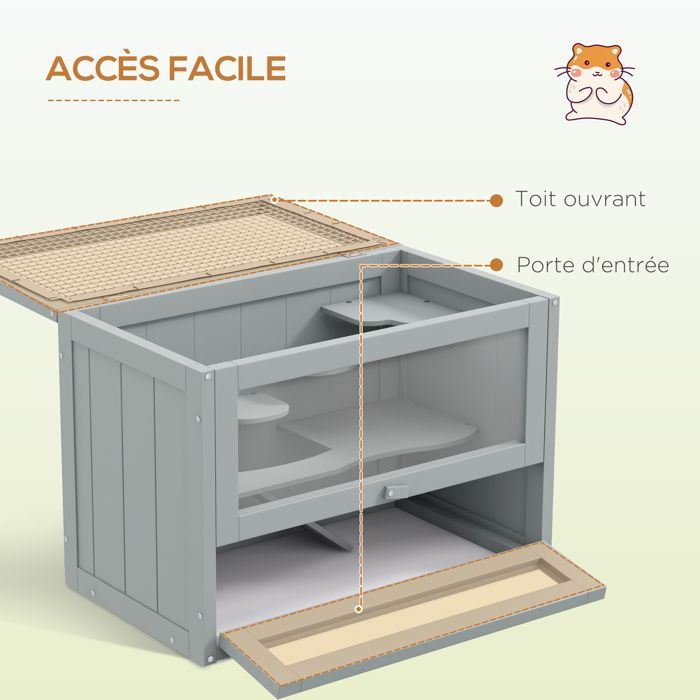 Cage pour hamsters - PawHut - multi-équipements rampe plateformes toit ouvrant grillagé porte - pour souris petits rongeurs - gris