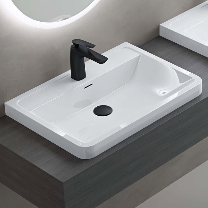 Lavabo empotrado blanco Doporro, lavabo rectangular de hierro fundido mineral para baño, 60x42x13cm, Colossum08