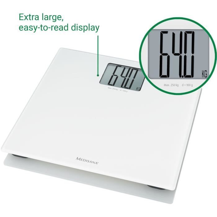 Balanza de baño Medisana PS 470 XL, blanca - Carga máxima 250 kg - Pantalla grande - Apagado automático