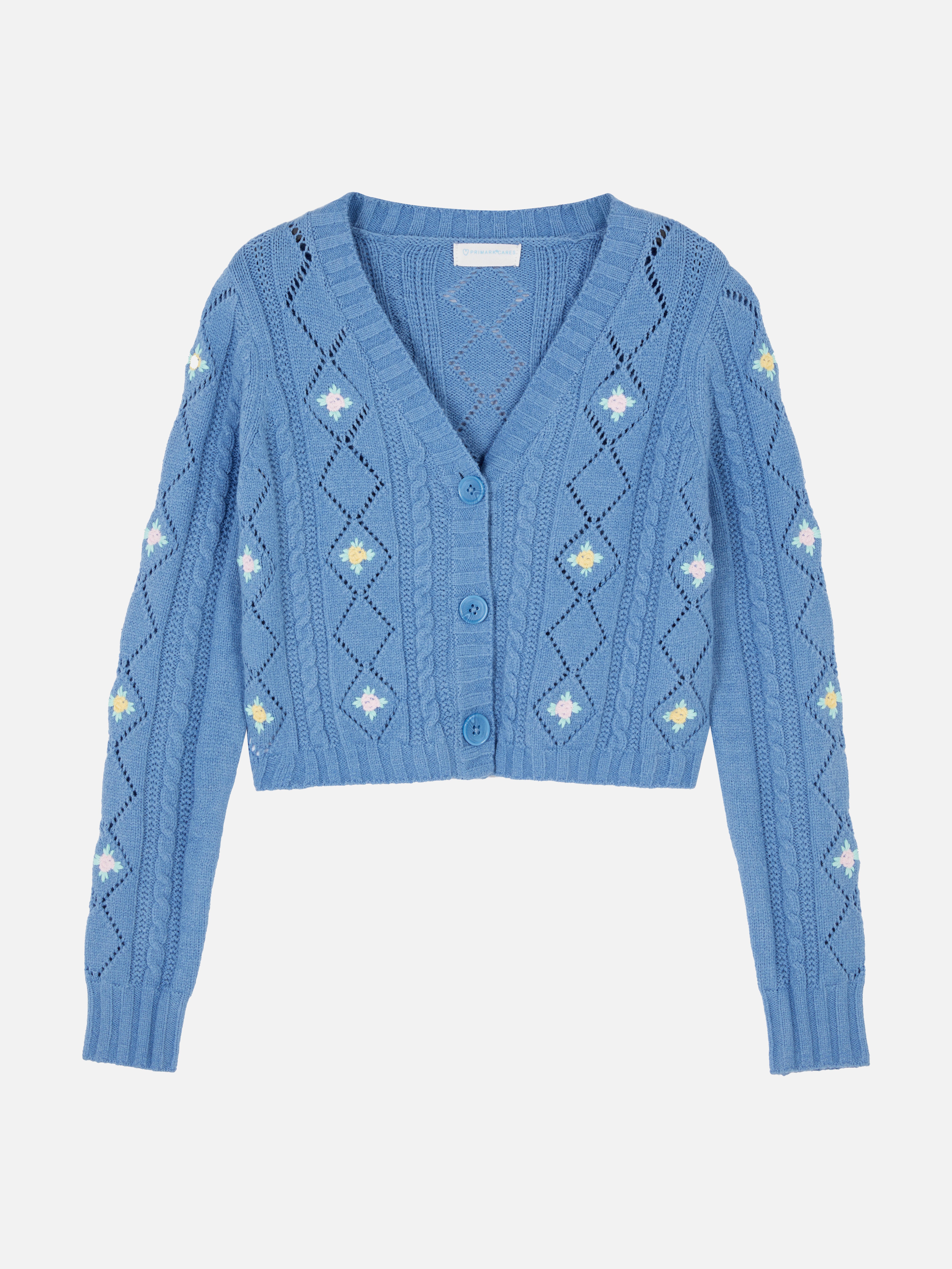 Geborduurd vest met V-hals Gebreid vest met V-hals, knoopsluiting en levendige geborduurde details