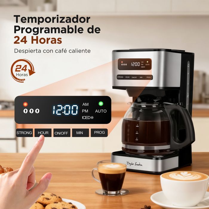 Taylor Swoden Filter Coffee Maker 1.8L (12-15 Cups) - 24H Programmable, 3 Strength Levels + Iced Coffee, Keep Warm Function