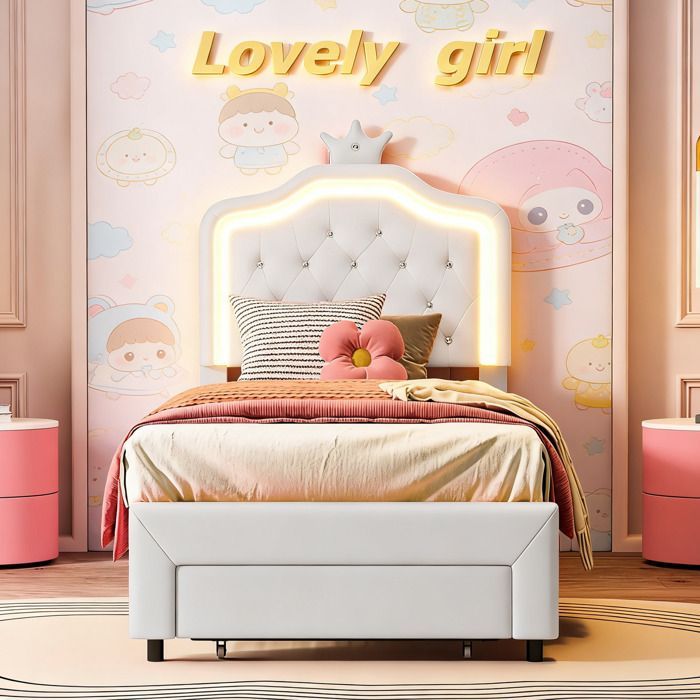 Cama infantil de 90 x 200 cm con cajones - Estructura de cama con cabecero regulable - Iluminación LED - Cama individual para niñas con somier de láminas - En piel sintética