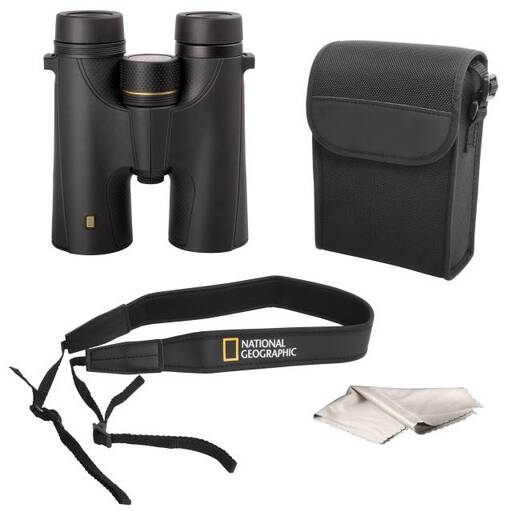 Binóculos National Geographic 10x42 Bak4 Ultra Bright com roda de foco central, estojo e alça.