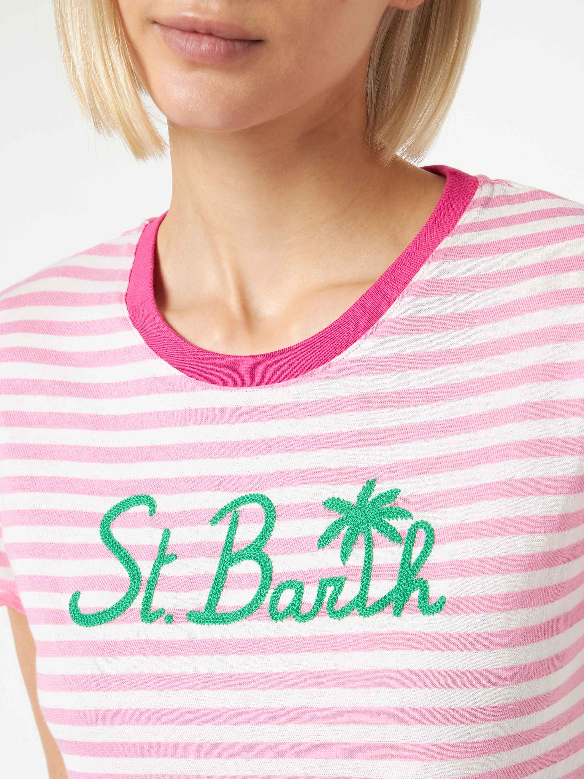 Fuchsia randig bomulls-T-shirt med St. Barth-broderi