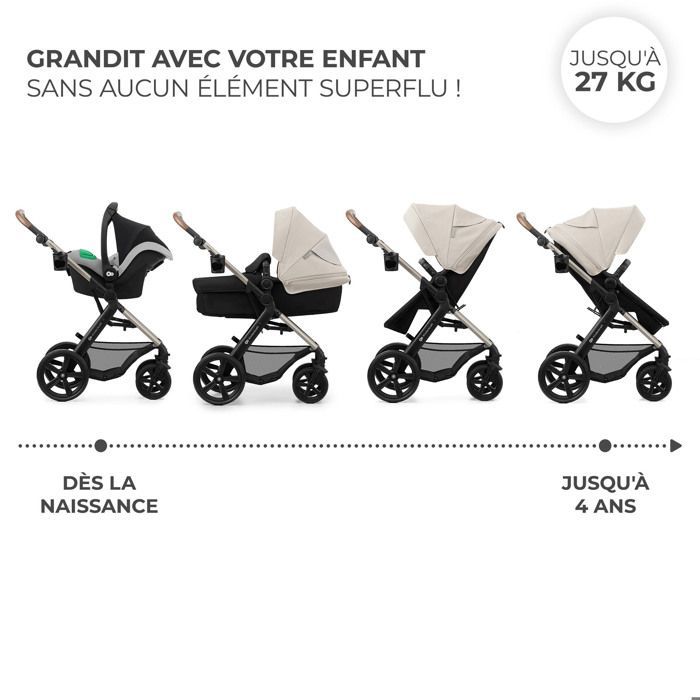 Poussette 4 en 1 Combinée Kinderkraft MOOV2, Inclus Siège auto avec base I-size, Système de voyage, Grandes Roues, Gris